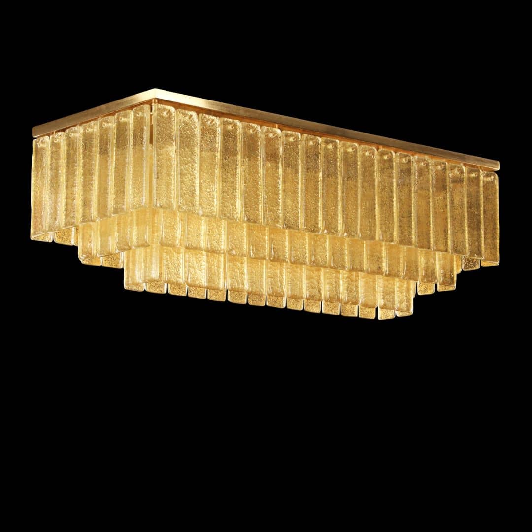 Big Rectangular Ceiling Lamp In Gold Murano Glass Multiforme Lighting